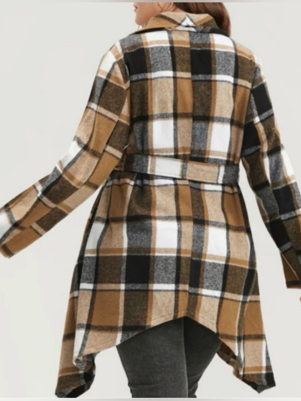 Bloomchic Plus 14-16 Plaid Belted Shawl Collar Cardigan Brown/Black/Cream NWOT - Picture 2 of 15